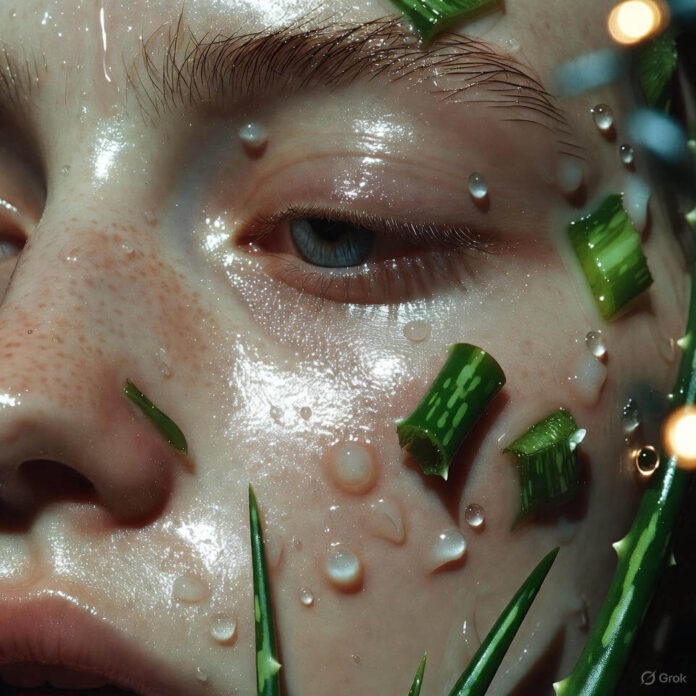 Dewy skin with aloe leaves and glossy moisturizer layer.