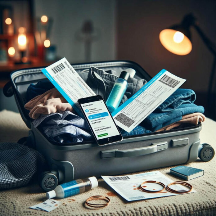 Half-packed suitcase with boarding passes and flight alerts