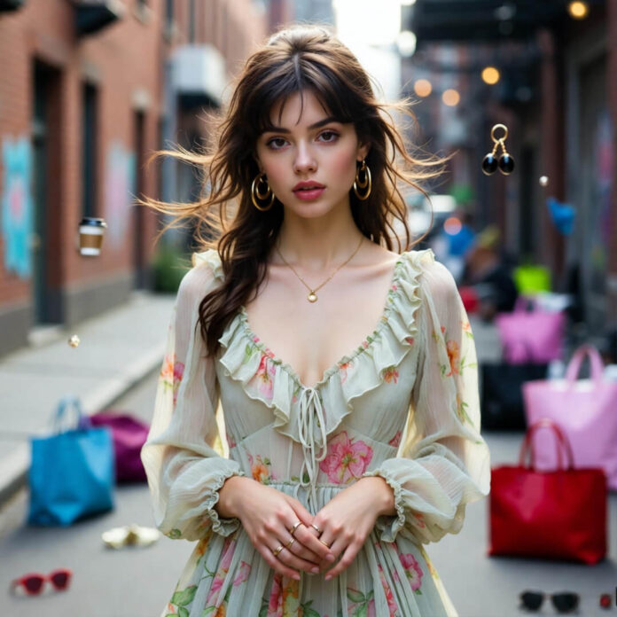 Confident woman in Shein dress with high-end flair in rainy alley