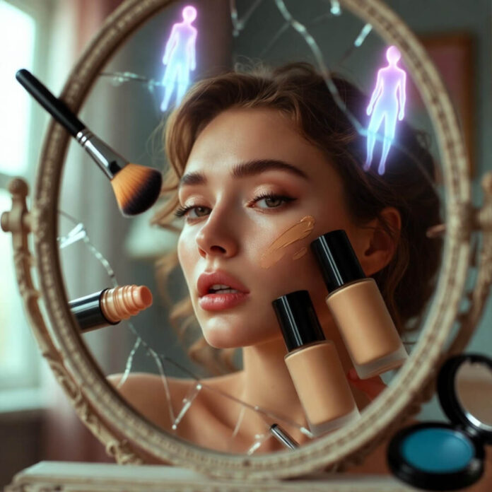 Confused woman with mismatched foundations and floating brush.