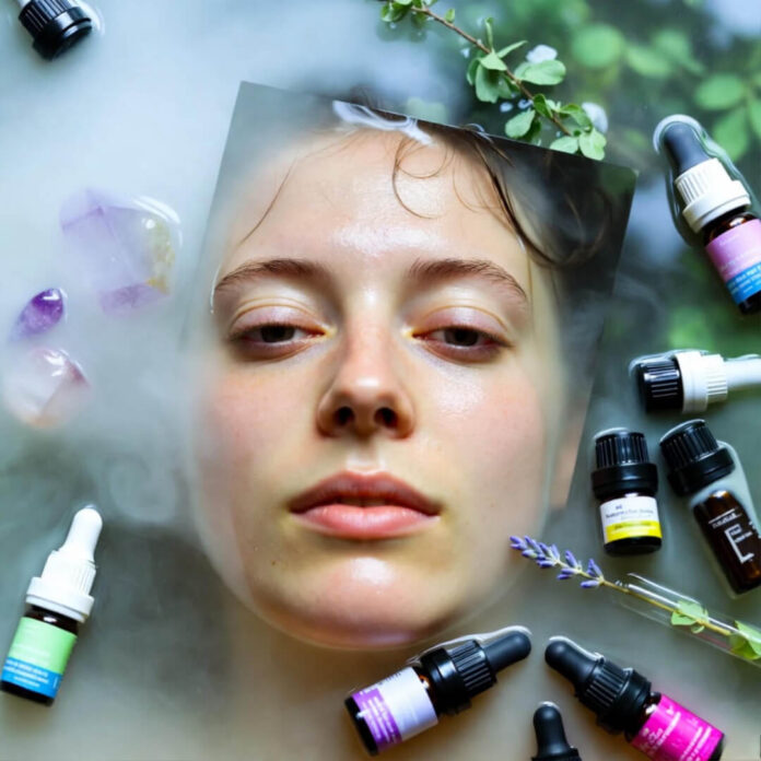 Blurry steamy spa meltdown with quirky oil vials and crystals