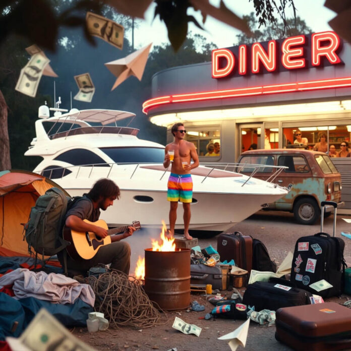 Chaotic collage of budget vs luxury vacation vibes.