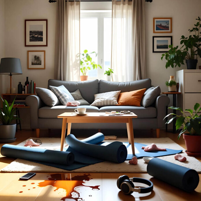 Messy living room with spilled coffee and yoga mat.