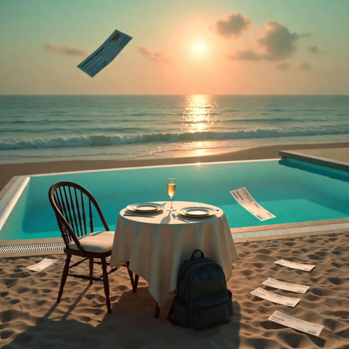 Infinity pool sunset with floating points vouchers and backpack.