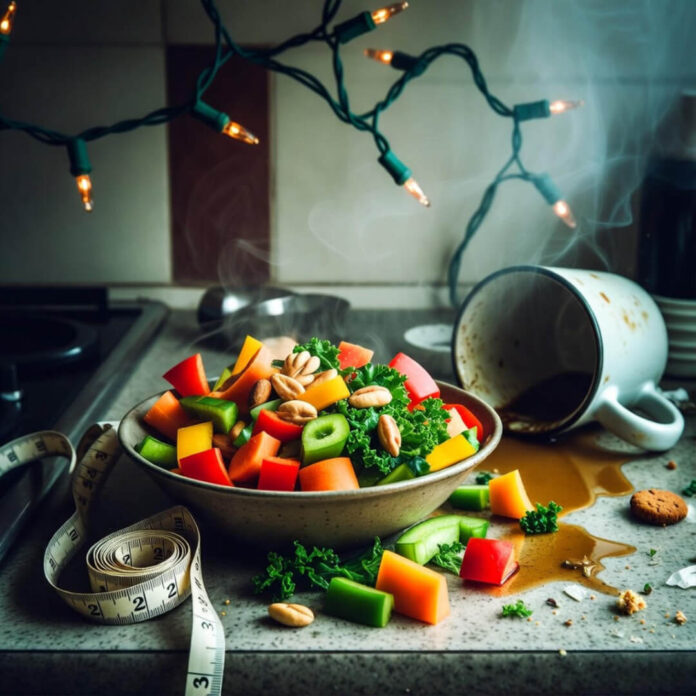 Messy kitchen counter with spilled veggies and holiday lights.