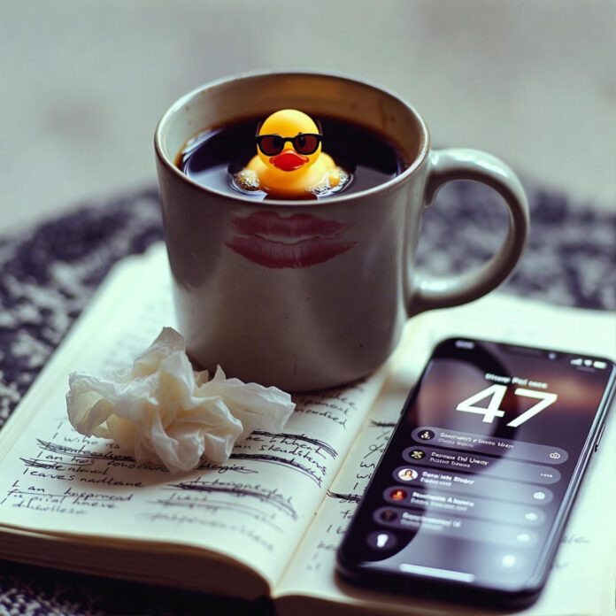 Coffee mug with sunglasses-wearing rubber duck floating.
